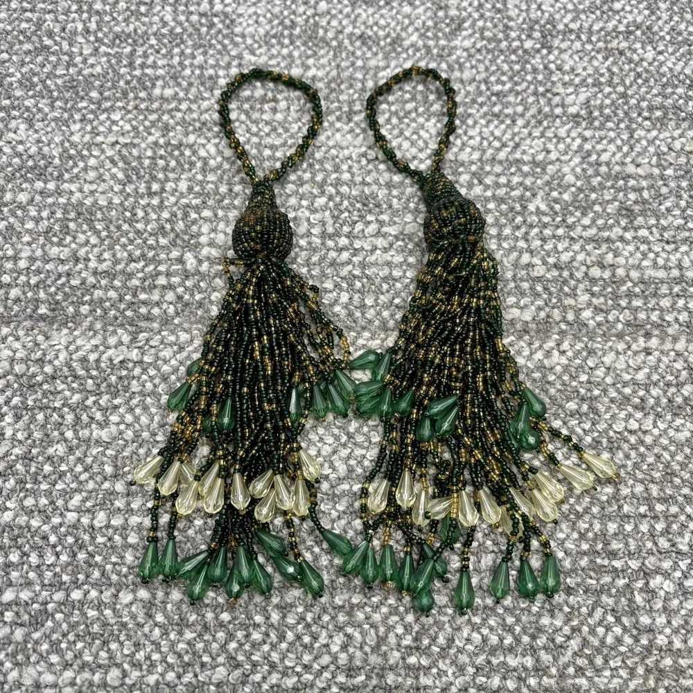 Beaded Curtain Tie Back Embellished Green Cream Brown Tones VTG Beautiful Home